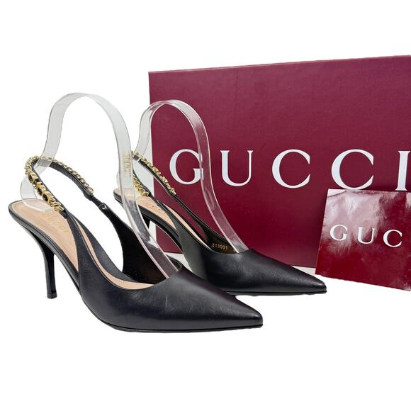 Gucci Signoria Leather Slingback Pointed Toe Pumps Shoes Black Size 37 - Picture 2 of 12